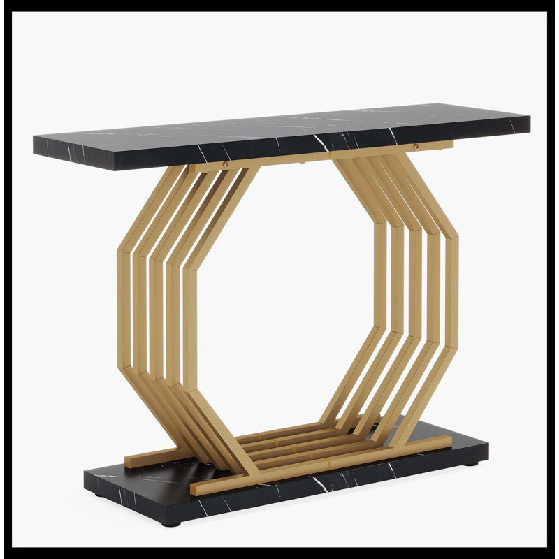 Faux Marble Console Table, 40" Accent Sofa Table With Geometric Metal Base, Black/Gold