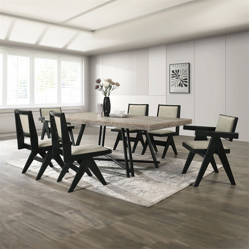 Contemporary 7Pc Black Dining Set Rubber Wood Dining Table W 2X Arm Chairs And 4X Side Chairs