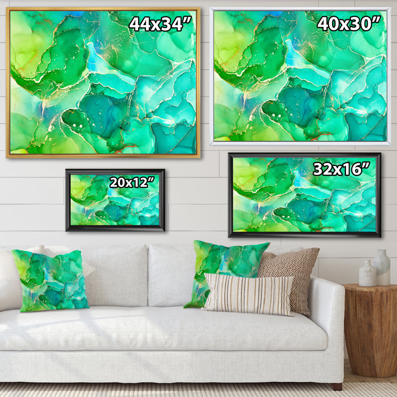 Vert et bleu liquide, reproduction d'art sur toile moderne, Cadre flottant blanc, H 16 po x l 32 po