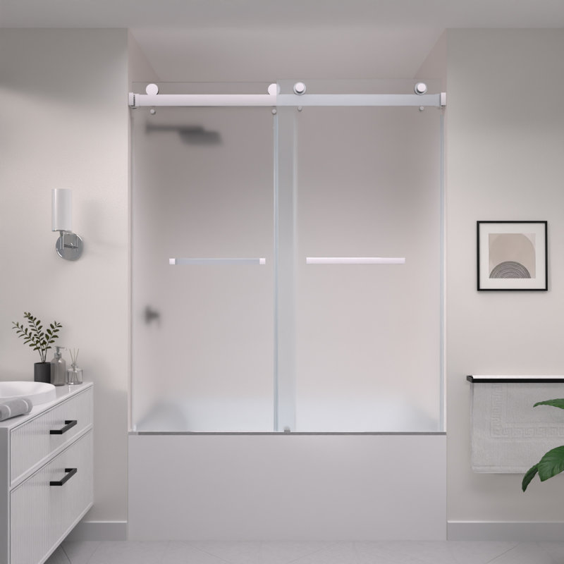 Porte de douche/baignoire coulissante double sans cadre CatalystAE 56" - 60" L x 66" H avec verre dépoli, Chrome poli
