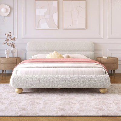 Lit tapissier contemporain à profil bas avec tissu en molleton Teddy et pieds ronds massifs Design courbé élégant pour la chambre à coucher, grand