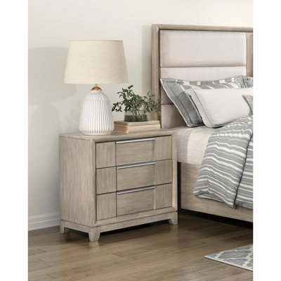 Table de chevet moderne à 3 tiroirs gris pour chambre à coucher, port de charge, quincaillerie finie, glissières de roulement, poignées de table de chevet de style placage de frêne, H 28 po x 17,5 po