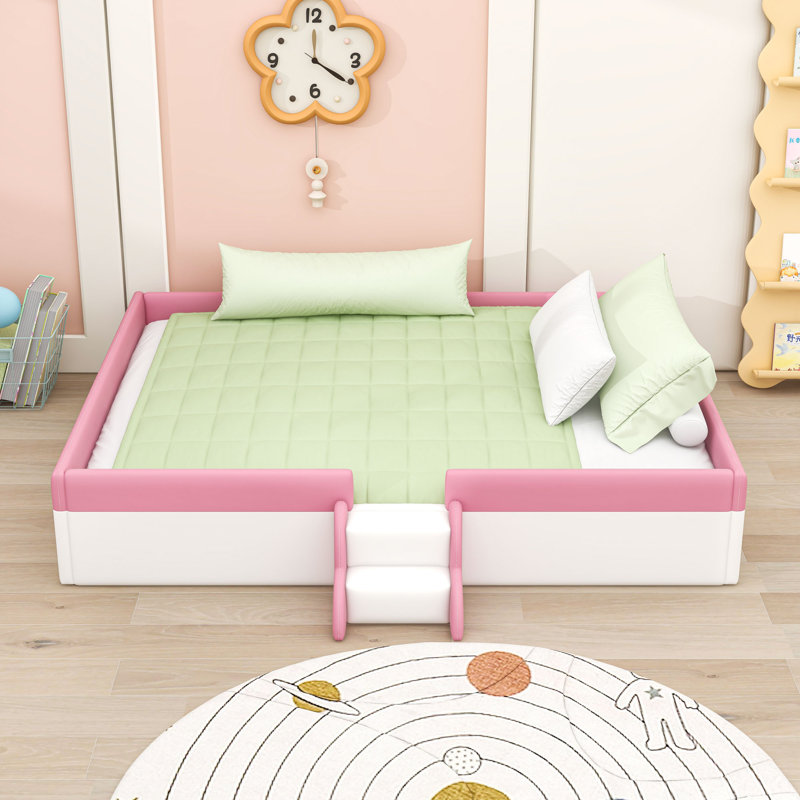 Upholstered Daybed with Staircase and Safety Fence, King, White Pink
