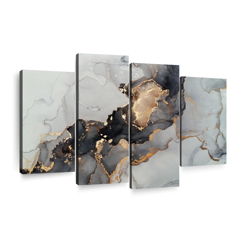 " Black and Gold Splash " 4 Piece Art Set, 32" H x 52" W x 1.25" D