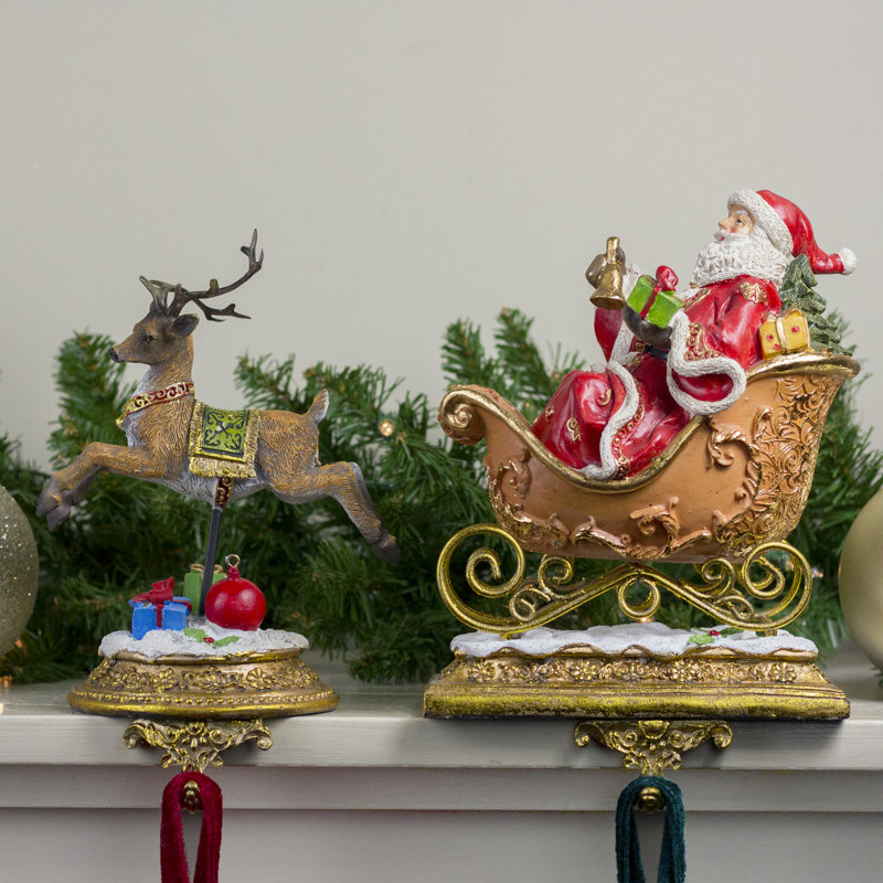Gold Santa and Reindeer Glittered Christmas Stocking Holders Set
