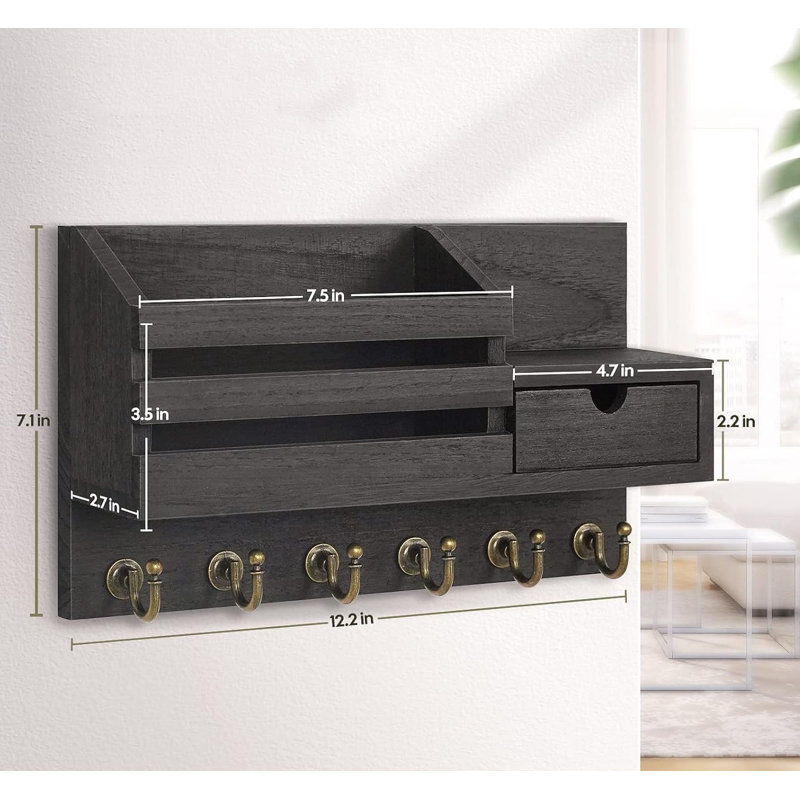 Black Rustic Wall-Mounted Key and Mail Organizer with Hooks and Drawer