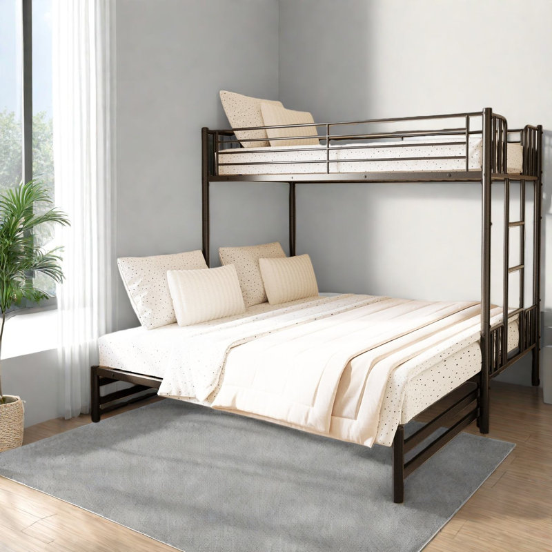 Lit simple escamotable en métal avec garde-corps et échelle intégrée, cadre convertible peu encombrant pour la chambre à coucher, noir