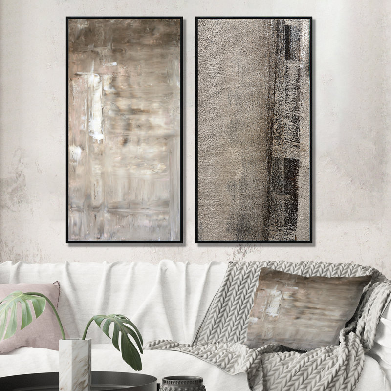 Ensemble d'art mural abstrait brun et beige, ensemble de 2 toiles - fonds de couleurs bruns et beiges, Cadre flottant noir