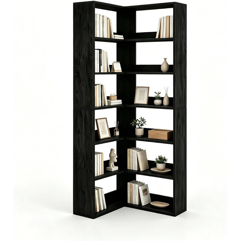 Bibliothèque d'angle à 6 niveaux avec tablette de rangement en L en bois rustique pour le salon et le bureau, Black