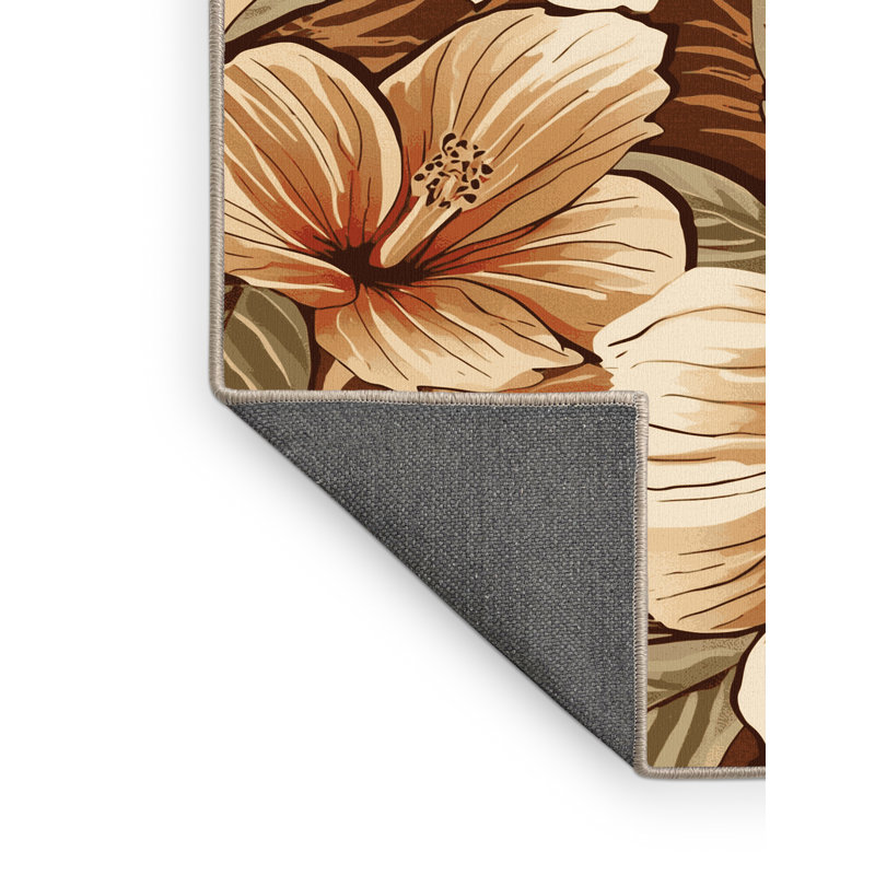 Tapis floral moelleux à motif floral hibiscus brun et beige doux, 7x10