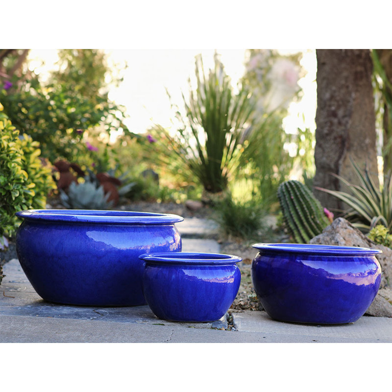 Pot de fleurs en céramique émaillée, lot de 3 - Intérieur/Extérieur, Bleu chute