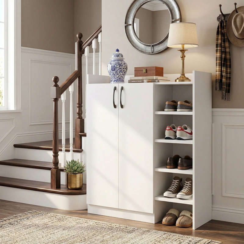 Armoire de rangement pour chaussures autoportante à 2 portes, 2 tablettes intérieures réglables et conception fermée anti-poussière, conception anti-basculement convenant au vestibule