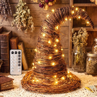 Lighted Rattan Witch Hat Decor with Remote Control Rusticr Farm Witch Hats Decor LED Lights Halloween Tabletop Decorations Woven Rustic Wicker Wizard Hat Decoration for Halloween Party Supplie