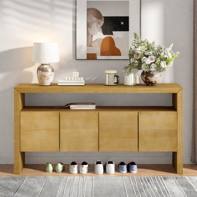 Console moderne à 4 portes avec tablette ouverte et grain de bois