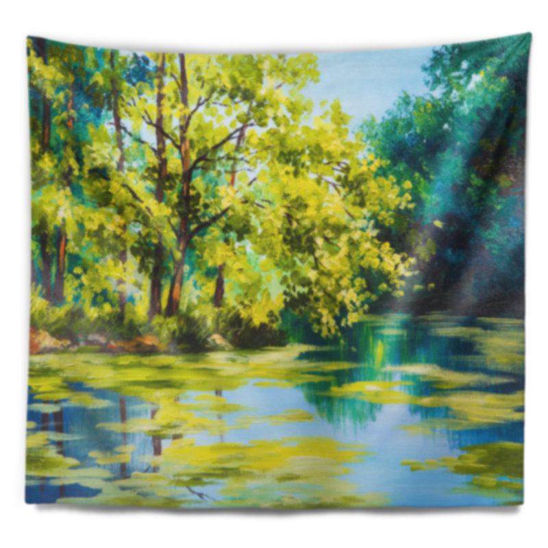 Paysage avec lac bleu sous une tapisserie d'arbre vert, H 50 po x l 60 po