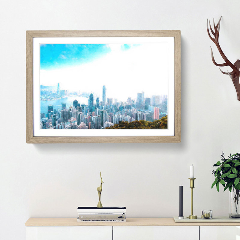 The Hong Kong Skyline in China - Picture Frame Painting Print, Oak Framed, 33cm H x 45cm W x 2cm D