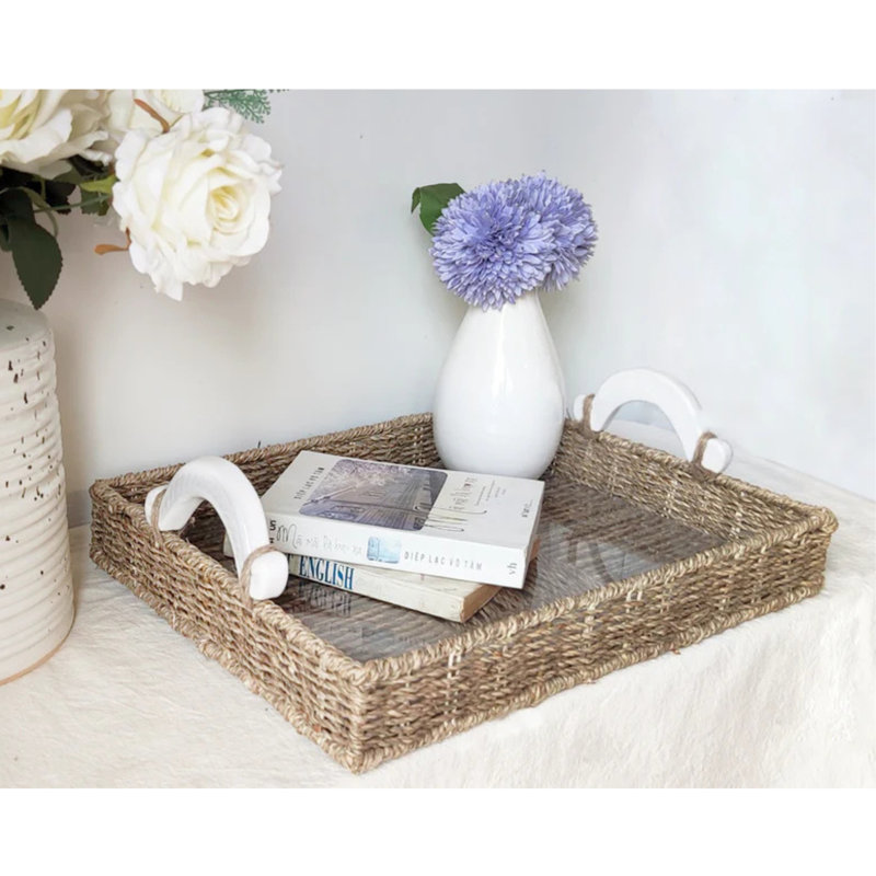 Handcrafted Seagrass Rectangular Tray With Ceramic Handles