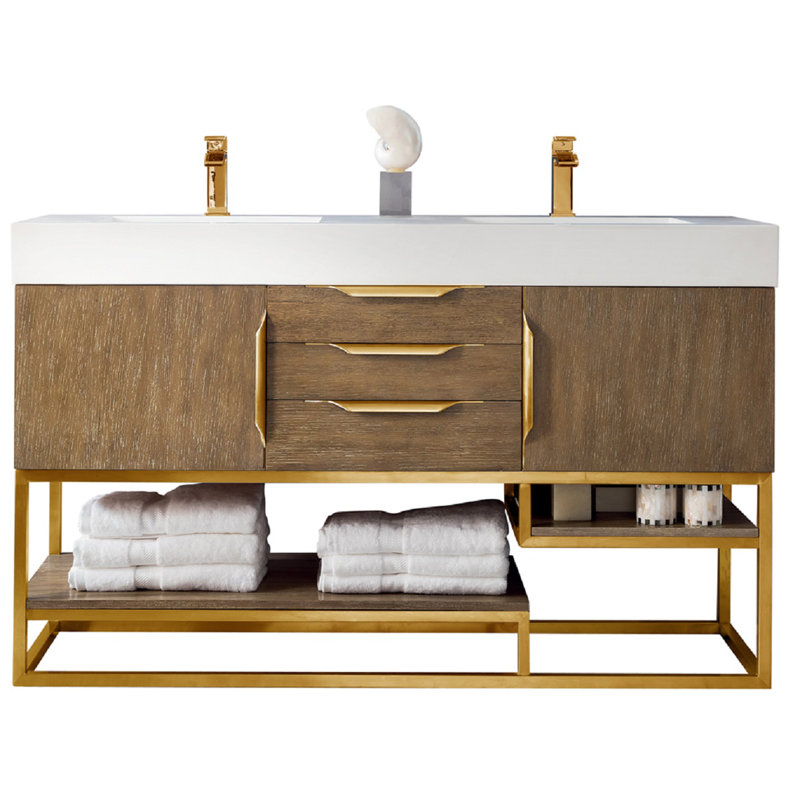 Meuble-lavabo double l 59 po Samorah, Chêne latte, Blanc, Or rayonnant