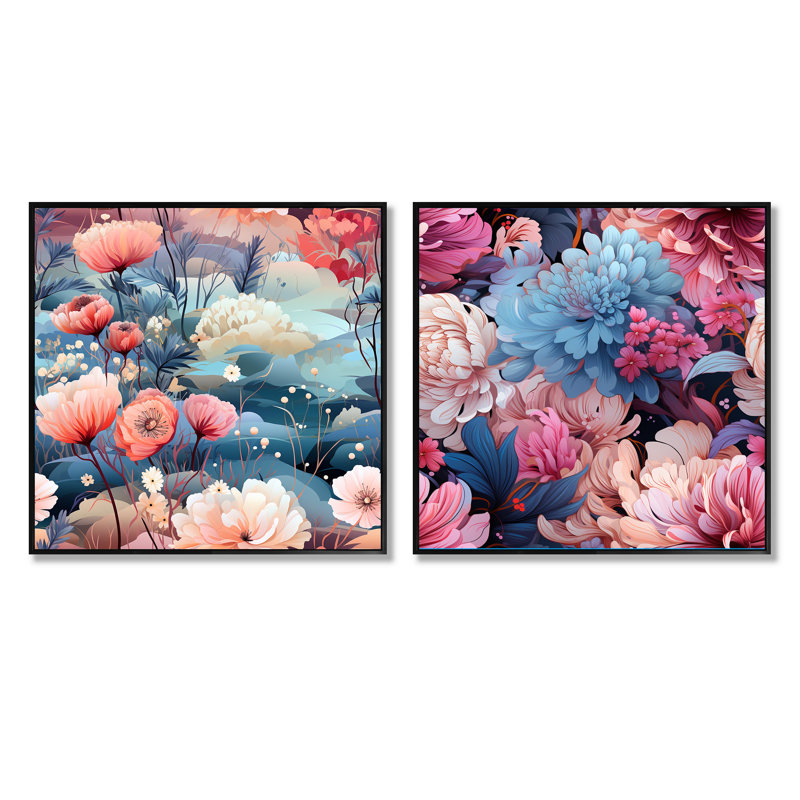 Leyna - Ensemble de 2 collages carrés botaniques abstraits, Cadre flottant noir, H 16 po x l 33 po