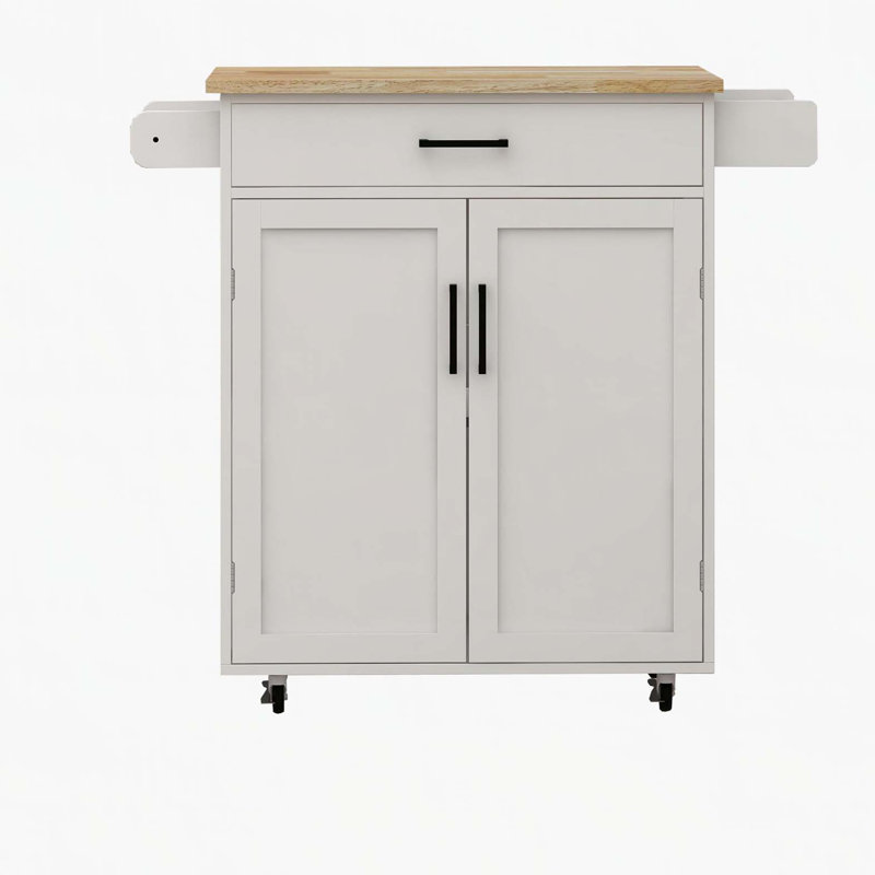 Kitchen island rolling trolley cart with 1 drawer & 2 doors with storage racks & Adjustable Shelves & towel rack & seasoning rack rubber wood table top-White