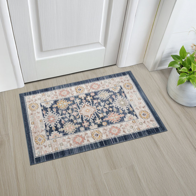 Ellen Traditional Oriental Navy Polyester Rectangle Area Rug, Rectangle 2' x 3'