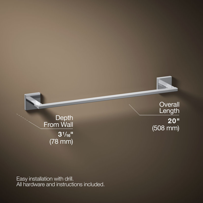 Square Towel Bar, 18"W, Polished Chrome