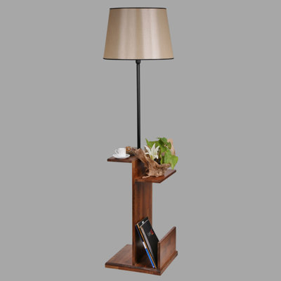 Scandinavian Floor Lamp with Metal Body & Wooden Shelves, 67.0 in Tall | Stylish Black Finish, 17.3 in Cap Diameter, 15.4 in Cap Length | On/Off Switch on Cable, Max 40W E27 Socket | Elegant Lighting for Modern Homes