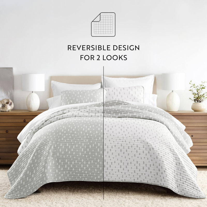 Becky Cameron Gray Polka Dots Pattern Reversible Quilt Set, King/Cal-King Quilt + 2 King Shams