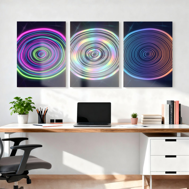 Ensemble de 3 tableaux sur toile à motif abstrait de cercles néon, H 18 po x l 36 po