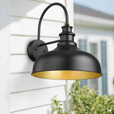 Luminaire de grange en forme de dôme de ferme de 14 pouces, applique murale antirouille, luminaire extérieur, lanterne de porte d'entrée pour porche, garage, patio (noir + doré, dôme de 14 po - paquet de 1)