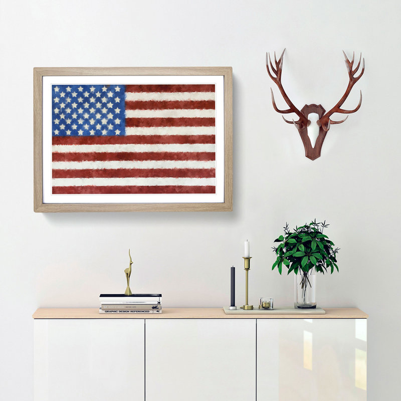 Painted American Flag - Single Picture Frame Print on MDF, Oak, 33cm H x 45cm W x 2cm D