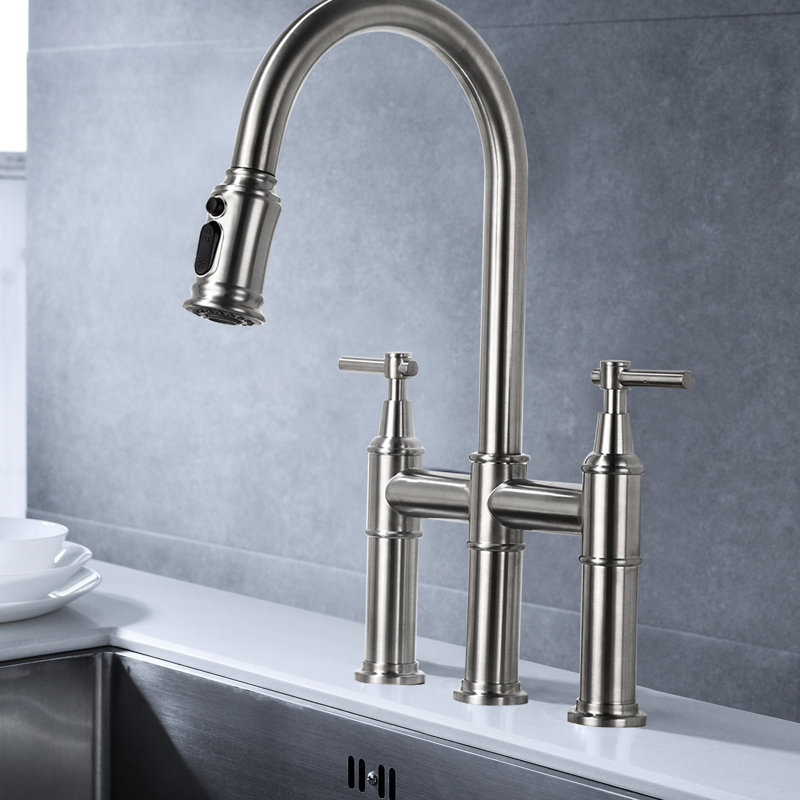 Brushed Nickel Kitchen Bridge Faucet With Pull-Down , Dual Handle For Effortless Flow & Temperature Adjustment, 360 Turning High Nozzle, Brass, Hardly Noticeable Splash Aerator Water Delicately