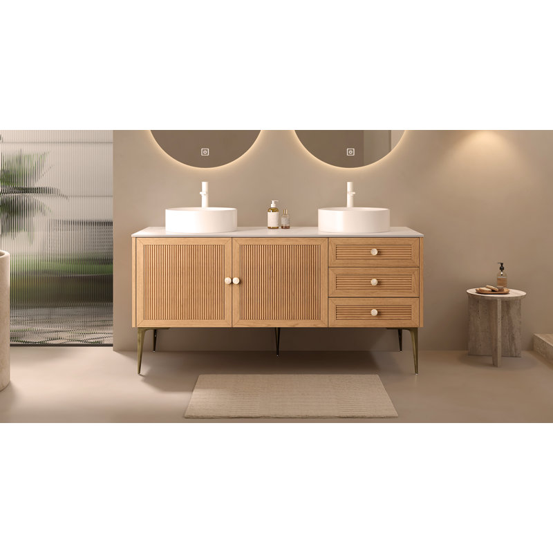 Meuble-lavabo de 60 po avec 2 lavabos, armoire de rangement autoportante en contreplaqué avec 5 pieds en métal, 3 tiroirs à fermeture douce et 2 portes