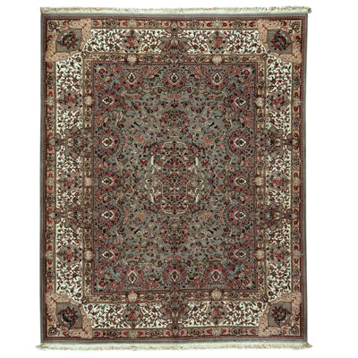 Tapis vert clair et ivoire noué à la main de haute qualité