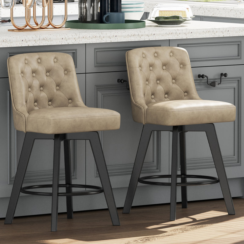 Swivel Upholstered 26'' Counter Stool Wood Leg, Khaki, Counter Stool (26" Seat Height), 2
