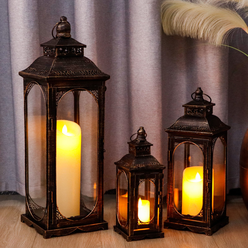  Set of 3 Vintage Candle Lanterns Decorative Outdoor Lantern (Black)