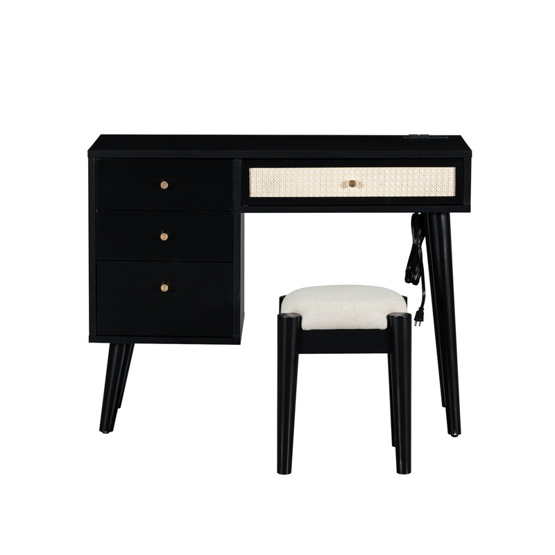 Coiffeuse de maquillage noire en bois 39 po avec 4 tiroirs, fonction de charge et tabouret, compartiments de rangement de coiffeuse Classic Elegance, tabouret élégant