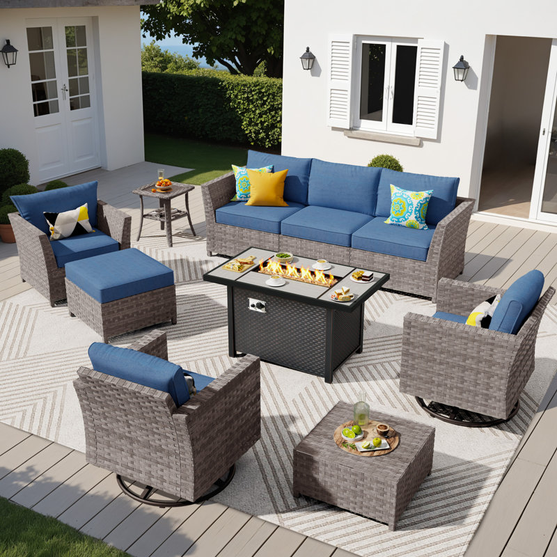 7 - Person Mostly No Assembly Required Patio Furniture Set with Swivel Rocker, Outdoor Wicker Rattan Sectional Seating Group with Cushions, All Weather Sofa Conversation Set with Fire Pit Table for Garden Backyard