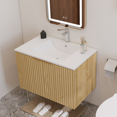30" Modern Bathroom Vanity with Sink Wavy Textured Doors - Wall Mounted Floating Cabinet, Nature