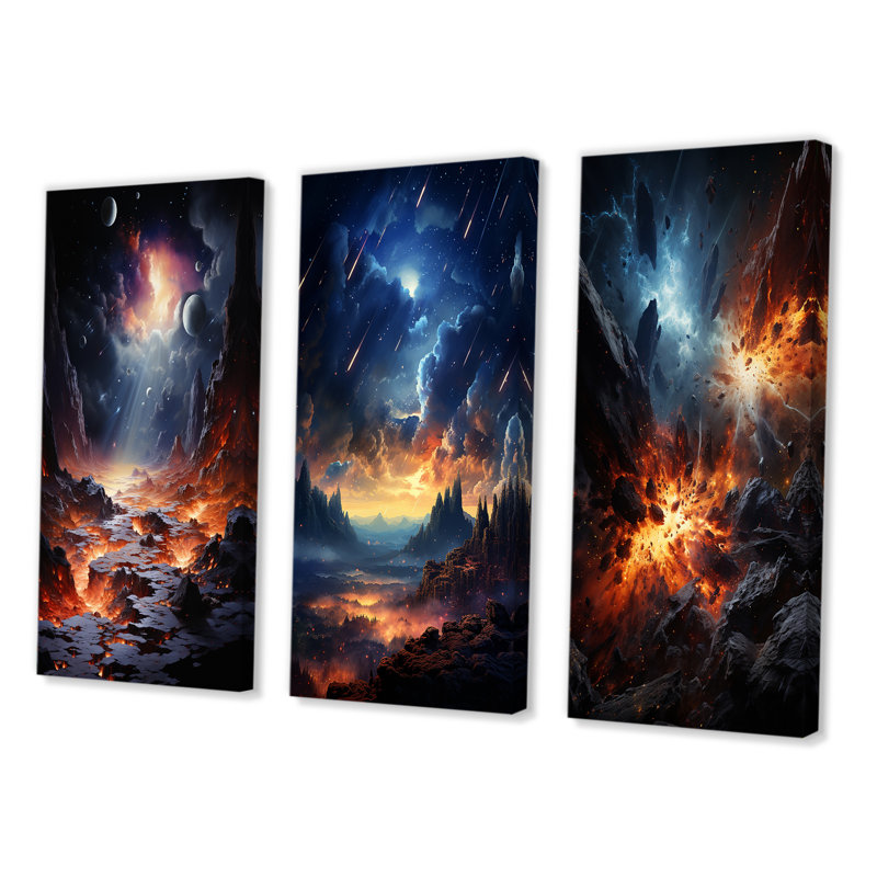 "Météores impact stellaire" - 3 pièces sur toile, Toile tendue, H 40 po x l 60 po