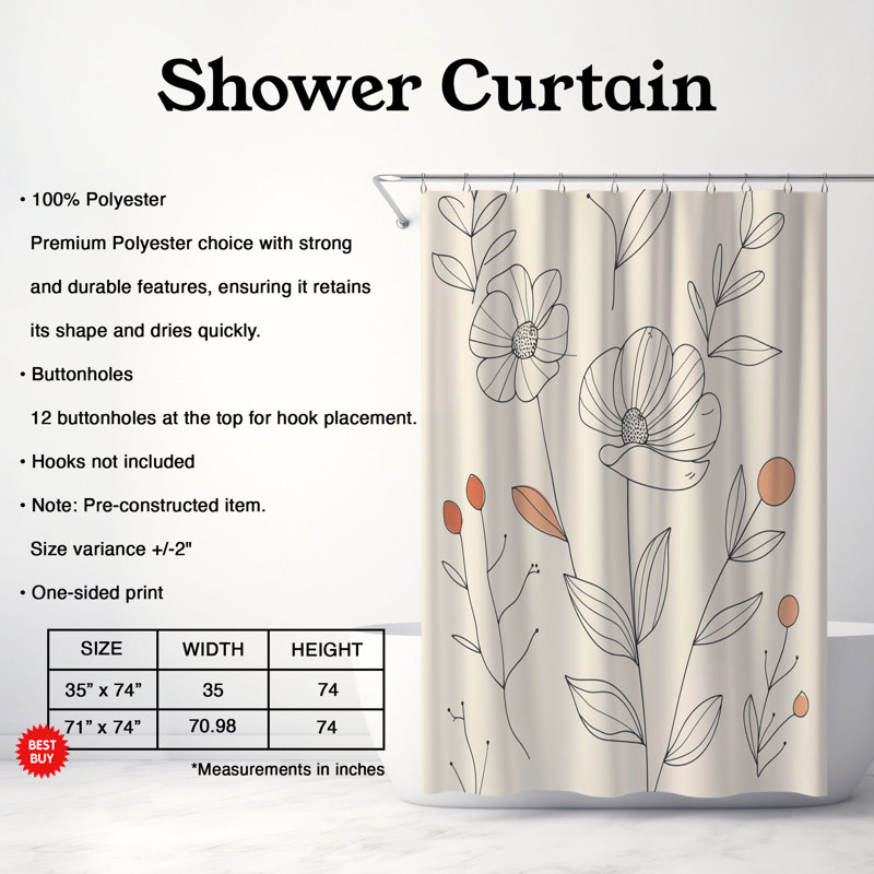 Rideau de douche standard 1 pièce, H 74 po x l 71 po