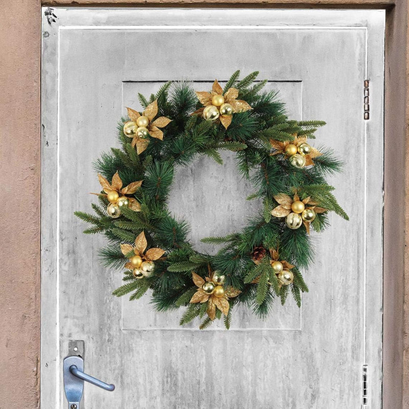 7" Artificial Gold Poinsettia Christmas Picks with Ornament Balls, 7" H x 6" W x 1" D