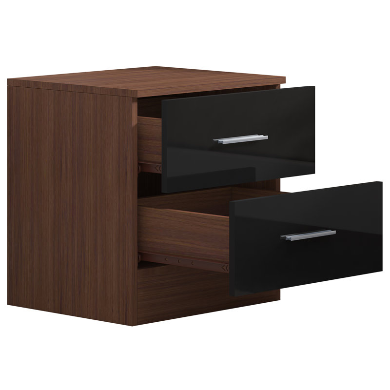 Eva High Gloss 2 Drawer Bedside Table - H: 48.5cm x D: 39.5cm x W: 45cm, Walnut/Gloss Black