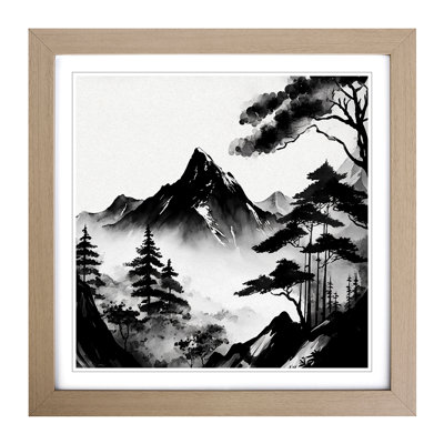 Japanese Mountains Ink Wash No.1 - Single Picture Frame Print on Wood