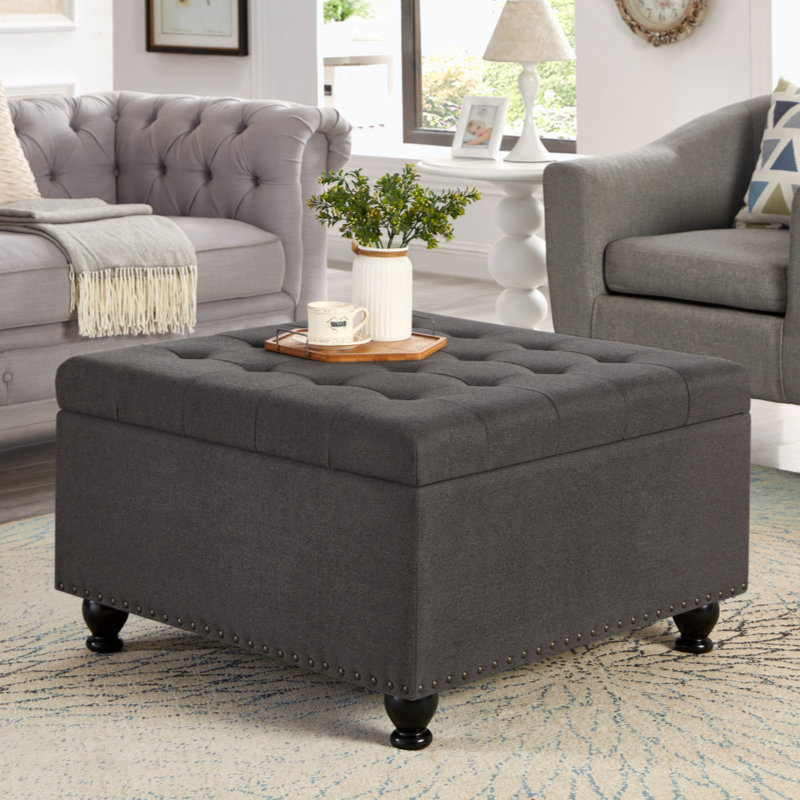 Dark Gray Tufted Linen Square Cocktail Ottoman with Wooden Legs