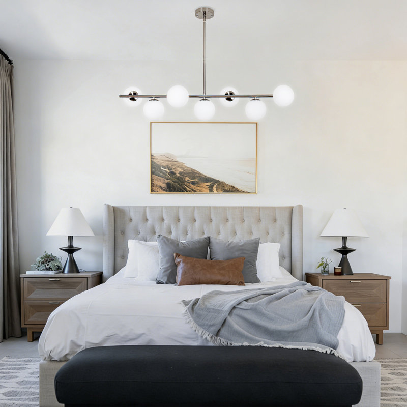 Kason Modern 7-Lights linear globe chandelier, Satin Nickel, White