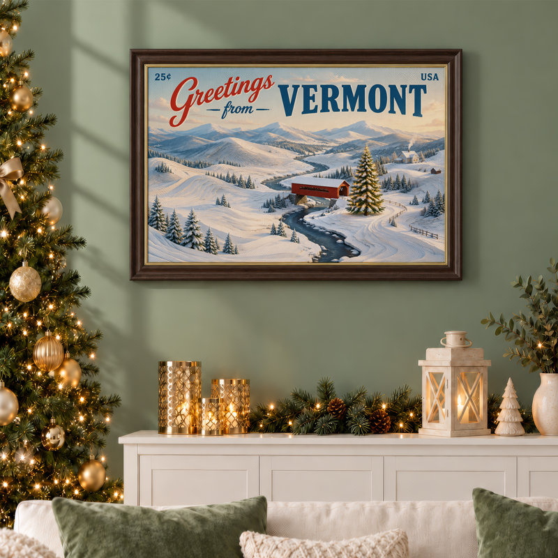 «Greetings from Vermont Red Covered Bridge Snowy Christmas», art mural sur toile, 16"H x 24"W