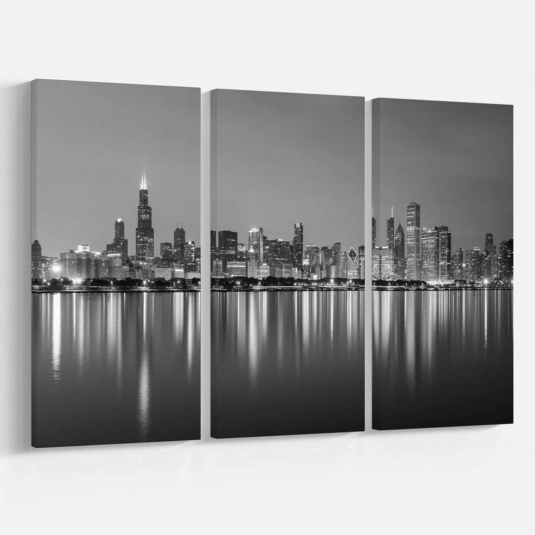 " Chicago Skyline At Night Black And White " 3 - Pieces Ebern Designs