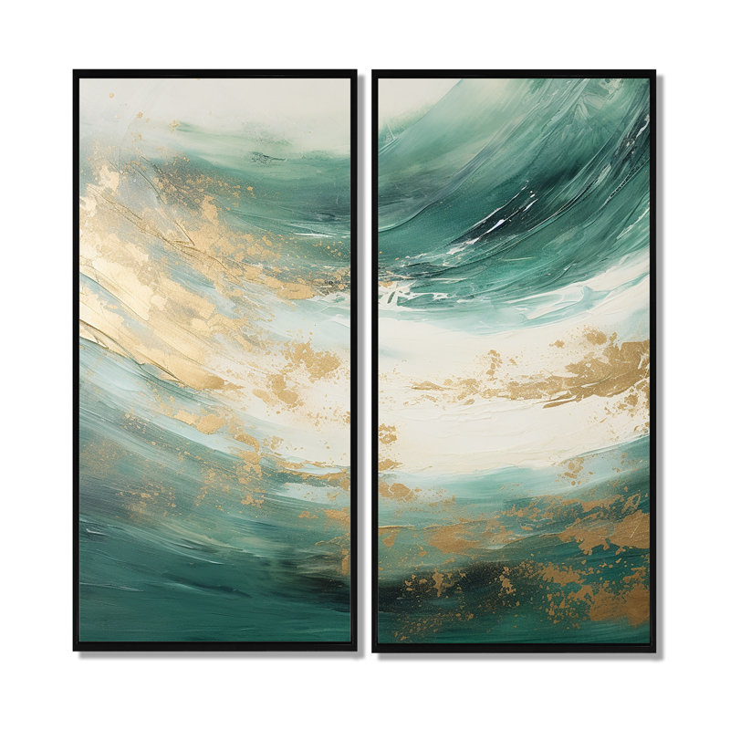 «Gold and Green Soft Wave Fusion - Abstract Shapes», art mural, H 32 po x l 32 po, Impression encadrée flottante, Noir