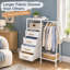 Commode de chambre blanche réversible H 44 po avec 4 tiroirs en tissu, support à vêtements, tablettes de rangement et crochets; Coffre de rangement 2 en 1 avec cadre robuste
